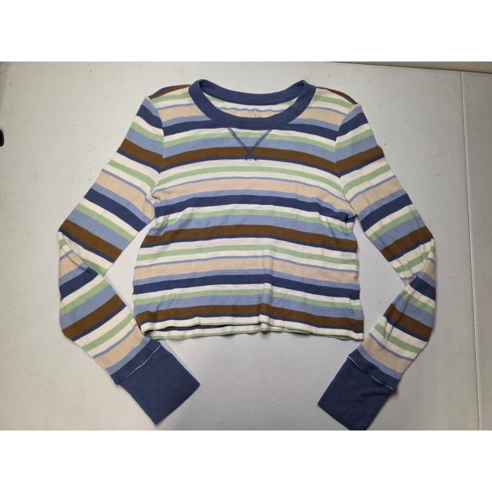 Aerie Womens Large Striped Waffle Knit Thermal Crop Long Sleeve Top Blue Multi